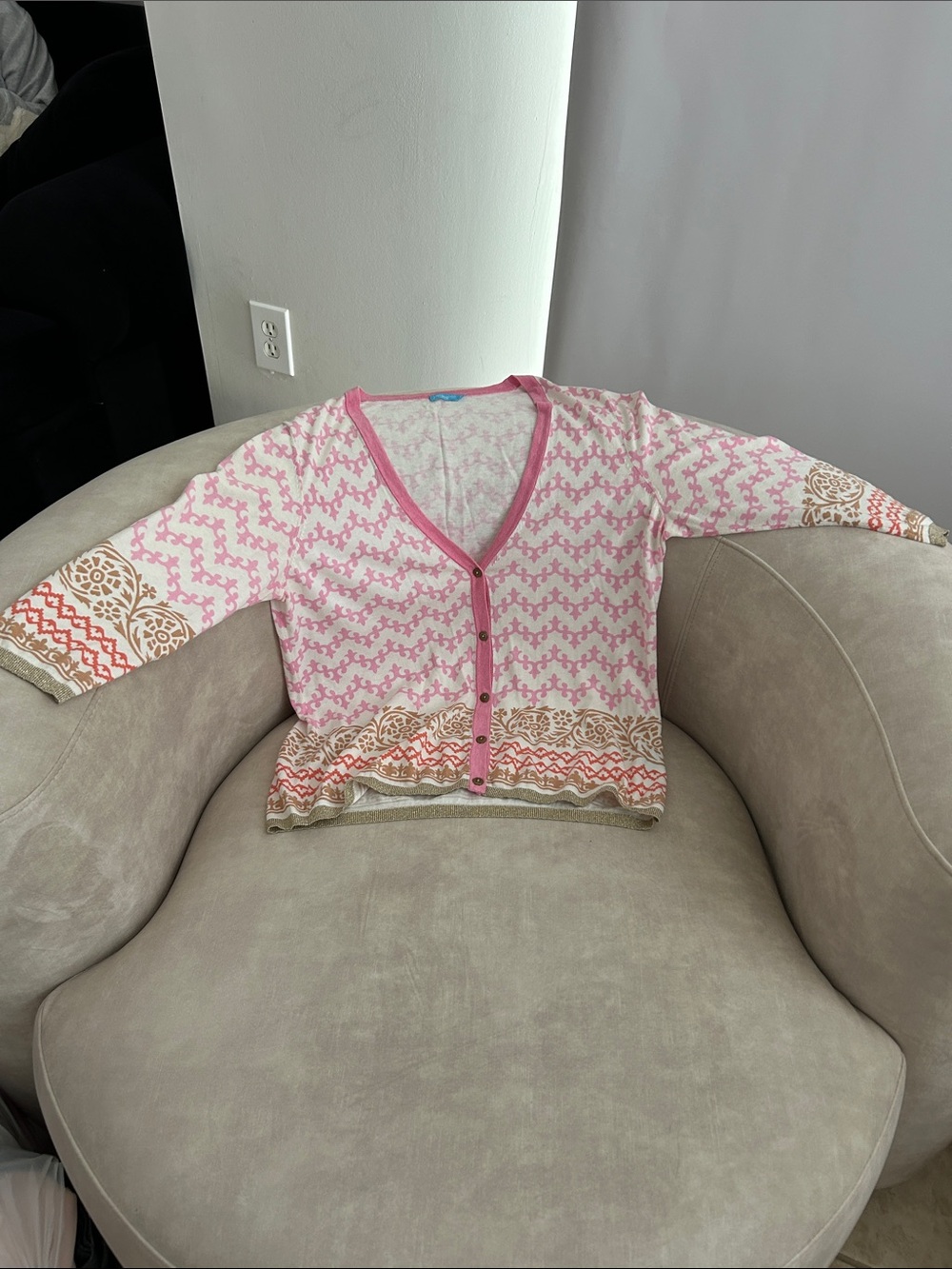Pink Patterned V-Neck Button Cardigan - Women's Top